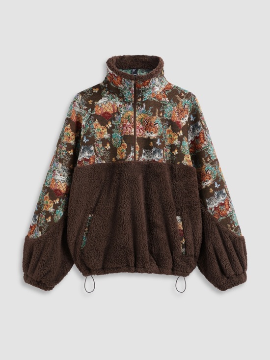 Cider Jackets & Blazers - Cider Half-Zip Cafe Brown Sherpa Pullover Tapestry Floral Cat Print Size Large